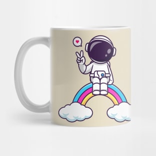 Cute Astronaut Sitiing On Rainbow With Peace Sign Cartoon Mug